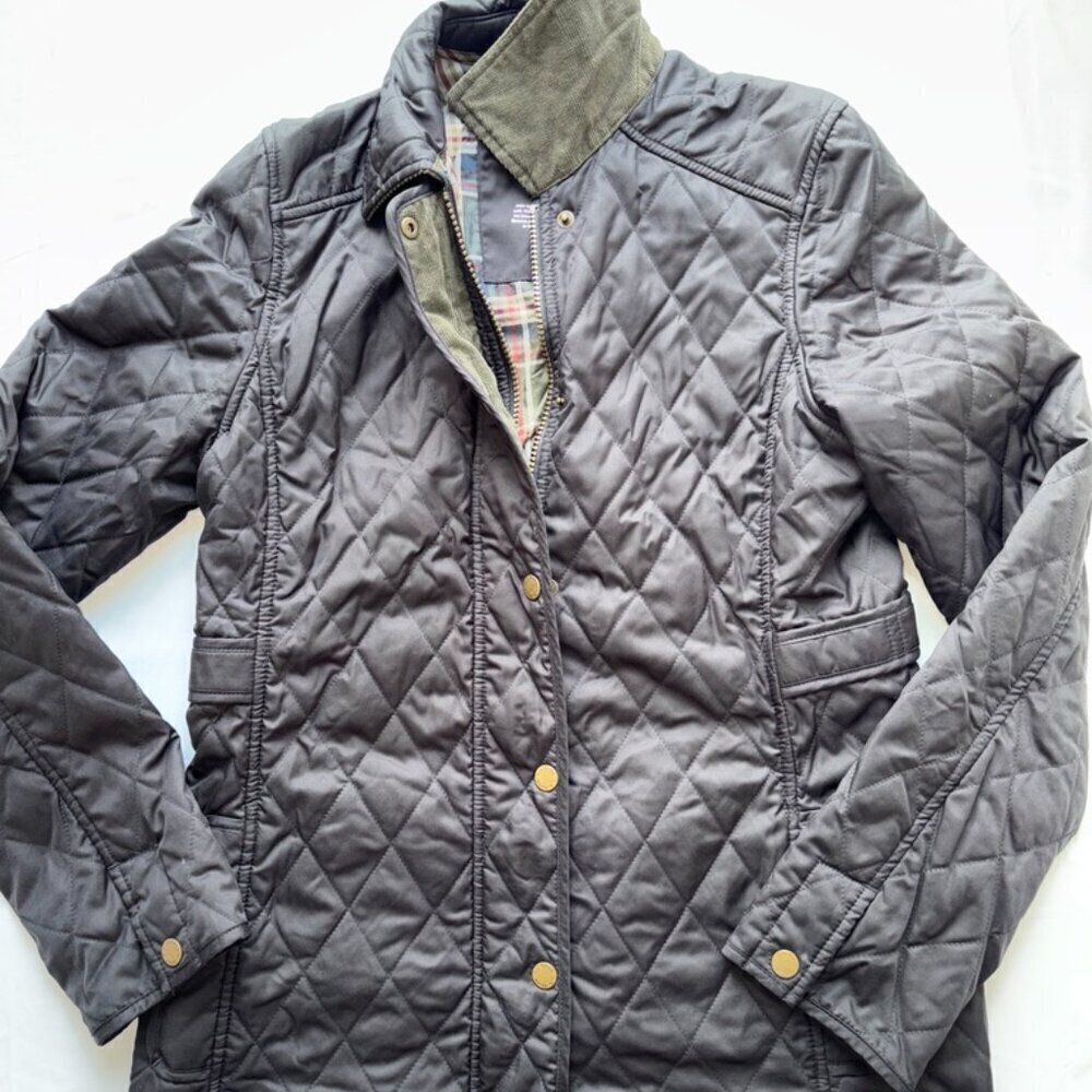 L.L. Bean Quilted Riding Barn Jacket Brown XS Plaid Corduroy Collar Full-Zip